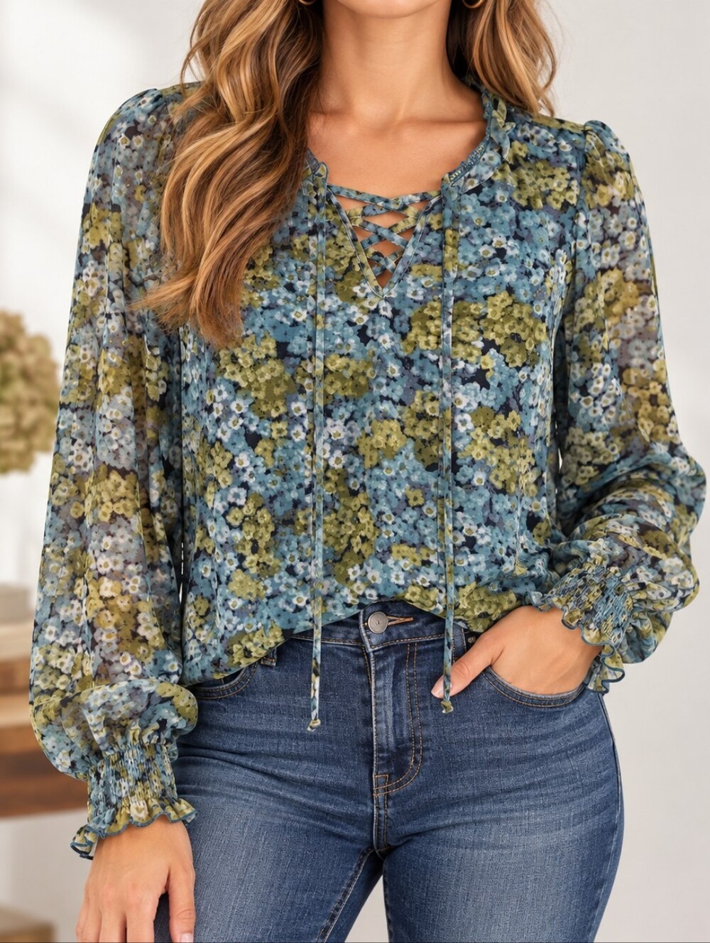 A Love Story Floral Mesh Blouse Size M Lace Up Ruffle Long Sleeve Fall Floral